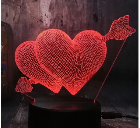 Beling 3D lampa, Prepichnuté srdcia, 7 farebná S368