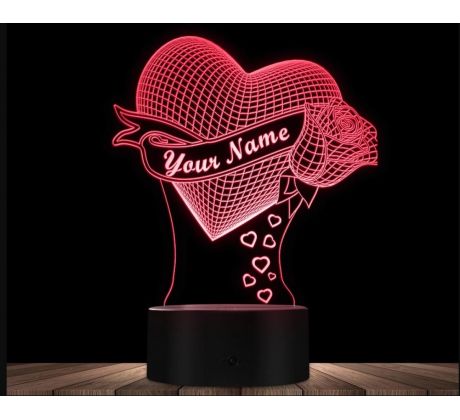 Beling 3D lampa, ruža zo srdcom a venovaním, 7 farebná RE95C